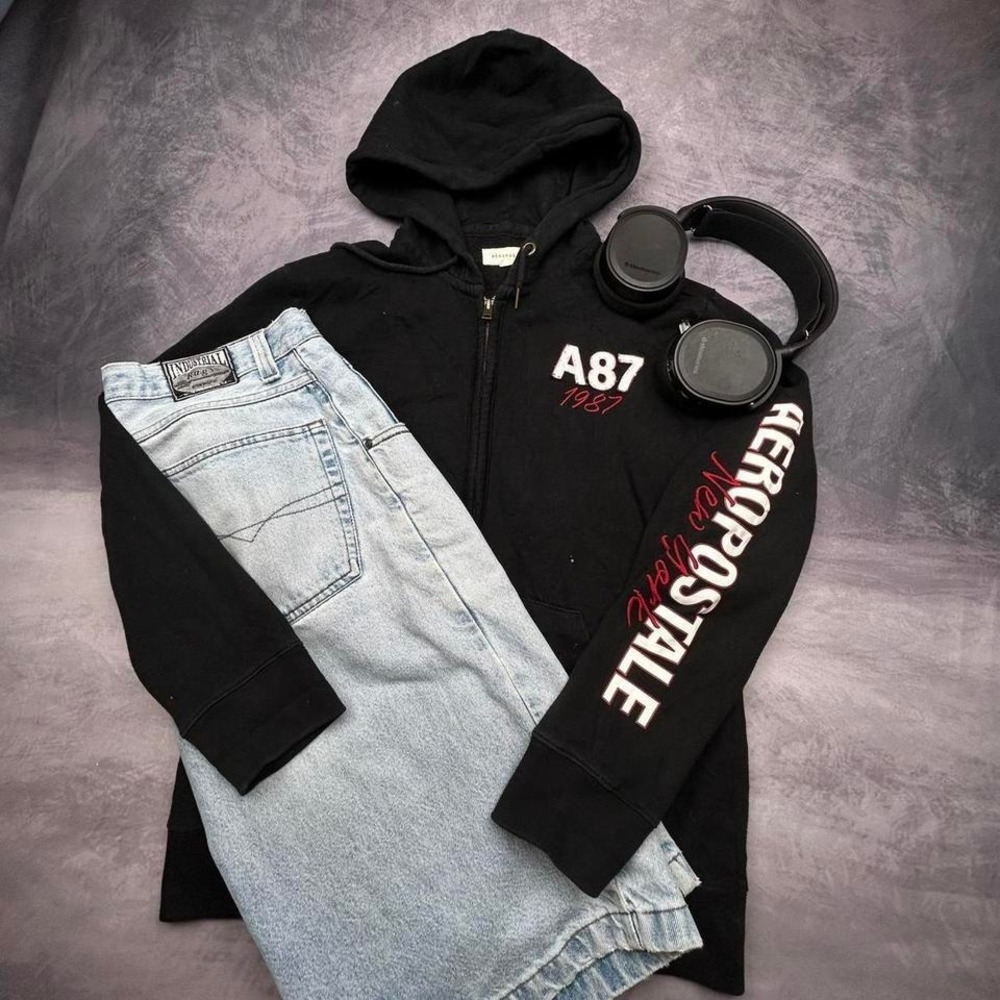 Black Aeropostale A87 Zip-Up Hoodie Sleeve Logo Classic Y2K Mall‎ Size L